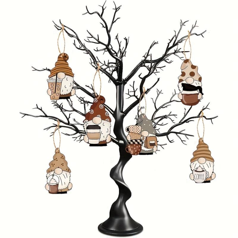 6pcs Coffee Gnome Tree Ornaments Wooden Hanging Gnomes Ornaments