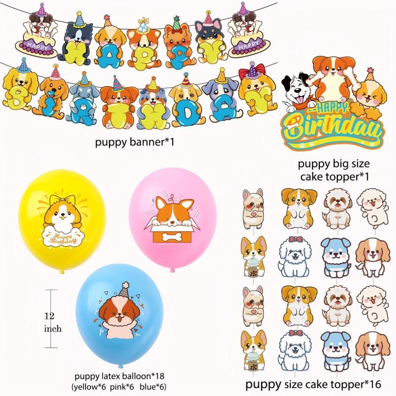 38pcs Dog Birthday Party Supplies Pull Flag Balloon Banner Cake Decoration Set