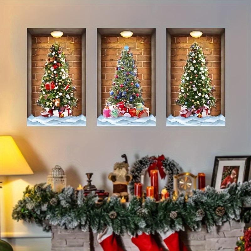3pcs Set 3D Christmas Wall Sticker Tree Pattern Self Adhesive Wall Stickers