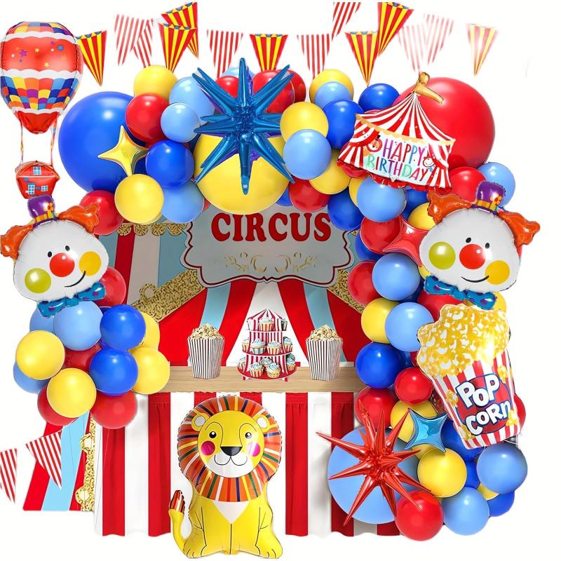Carnival Circus Balloon Set Red Yellow Garland Lion Clown Popcorn Hot Balloon