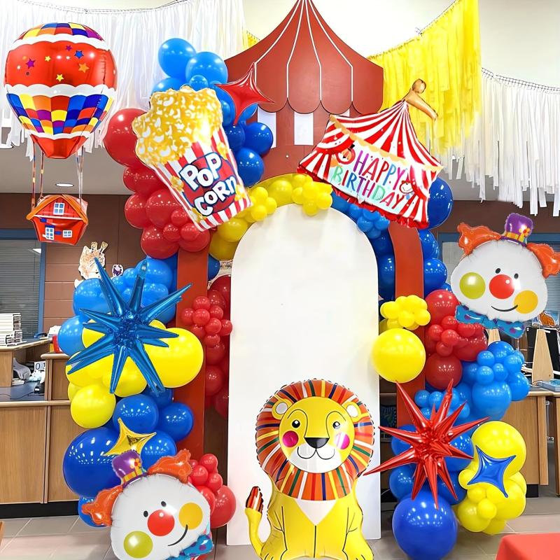 Carnival Circus Balloon Set Red Yellow Garland Lion Clown Popcorn Hot Balloon