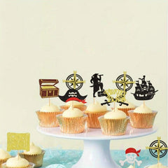 16pcs Pirate Cupcake Toppers Glitter Compass Skull Pirate Anchor Picks