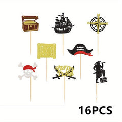 16pcs Pirate Cupcake Toppers Glitter Compass Skull Pirate Anchor Picks