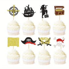 16pcs Pirate Cupcake Toppers Glitter Compass Skull Pirate Anchor Picks