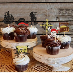 16pcs Pirate Cupcake Toppers Glitter Compass Skull Pirate Anchor Picks