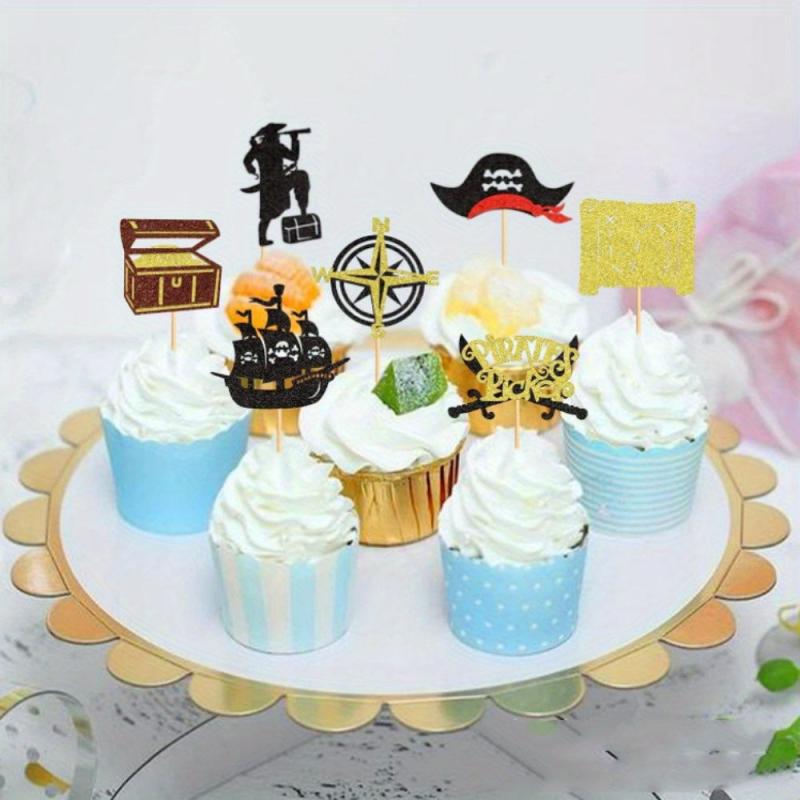 16pcs Pirate Cupcake Toppers Glitter Compass Skull Pirate Anchor Picks