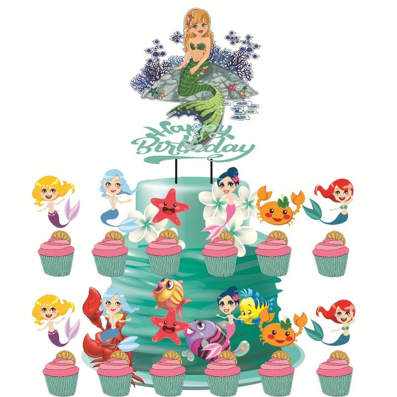 25pcs Mermaid Birthday Party Decoration Set Pull Flag Insert Row Scene Layout