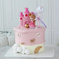 Princess Doll Cake Topper Pink Skirt Crown Carriage Castle Birthday Decoration