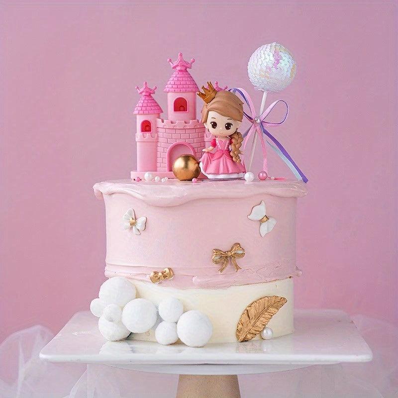 Princess Doll Cake Topper Pink Skirt Crown Carriage Castle Birthday Decoration