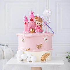 Princess Doll Cake Topper Pink Skirt Crown Carriage Castle Birthday Decoration