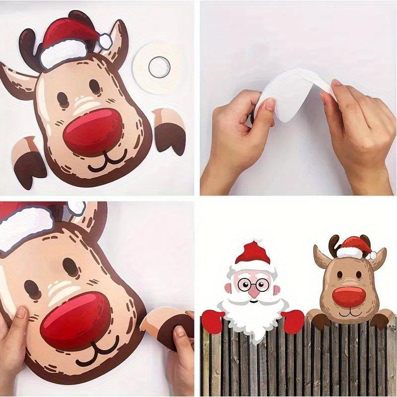 2pcs Christmas Fence Peeking Decoration Santa Claus Elk Peeking