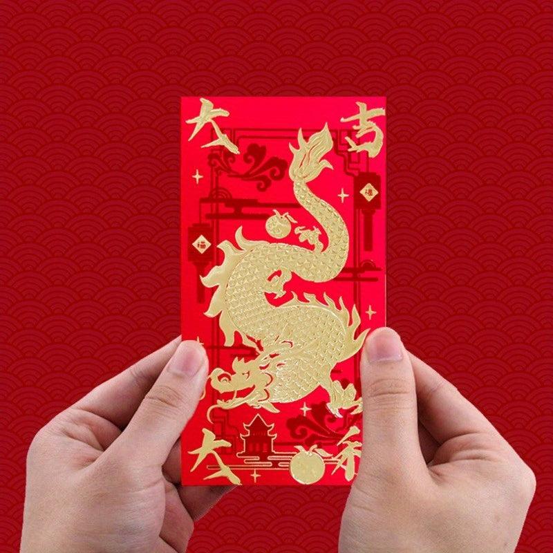 6pcs Year Of The Dragon Lucky Money Bag Red Envelope Set