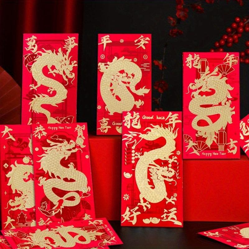 6pcs Year Of The Dragon Lucky Money Bag Red Envelope Set