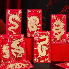 6pcs Year Of The Dragon Lucky Money Bag Red Envelope Set
