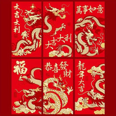 6pcs Year Of The Dragon Lucky Money Bag Red Envelope Set