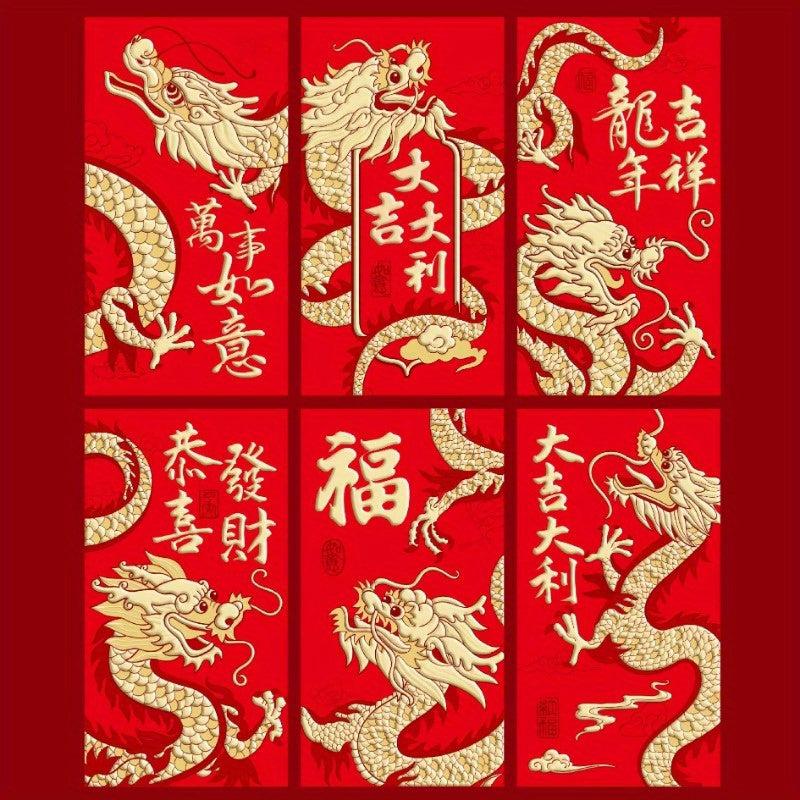 6pcs Year Of The Dragon Lucky Money Bag Red Envelope Set