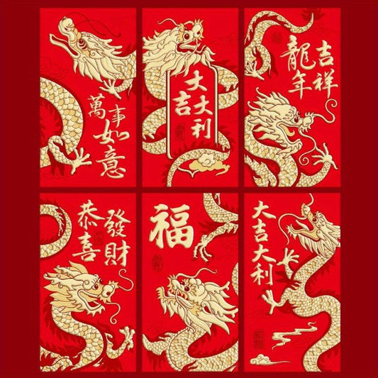 6pcs Year Of The Dragon Lucky Money Bag Red Envelope Set