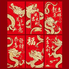 6pcs Year Of The Dragon Lucky Money Bag Red Envelope Set