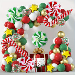 96pcs Christmas Balloon Set Red Green Golden Confetti Candy Cane Foil Star