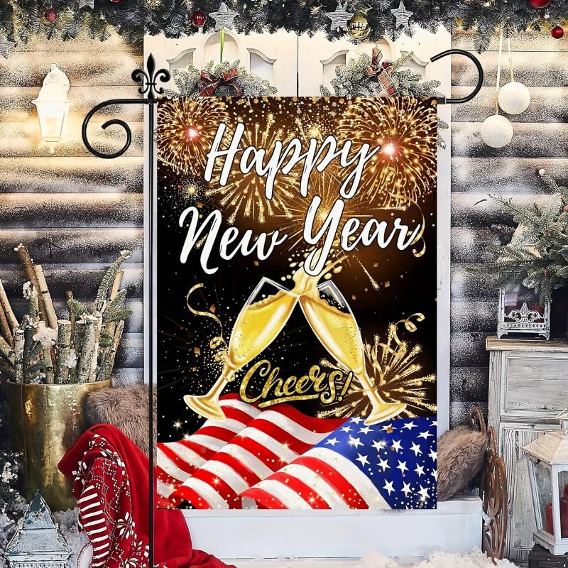 Happy New Year Flags Double Sided Flag With Fireworks Confetti Burlap