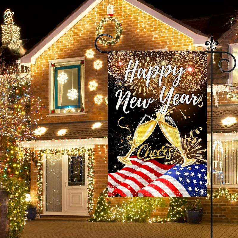 Happy New Year Flags Double Sided Flag With Fireworks Confetti Burlap