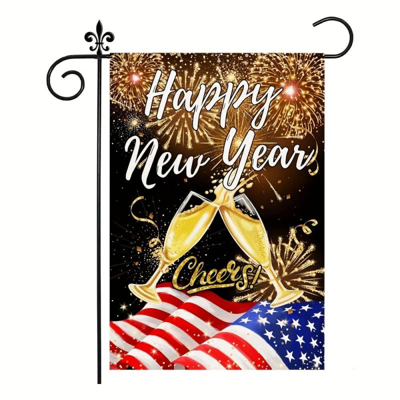 Happy New Year Flags Double Sided Flag With Fireworks Confetti Burlap