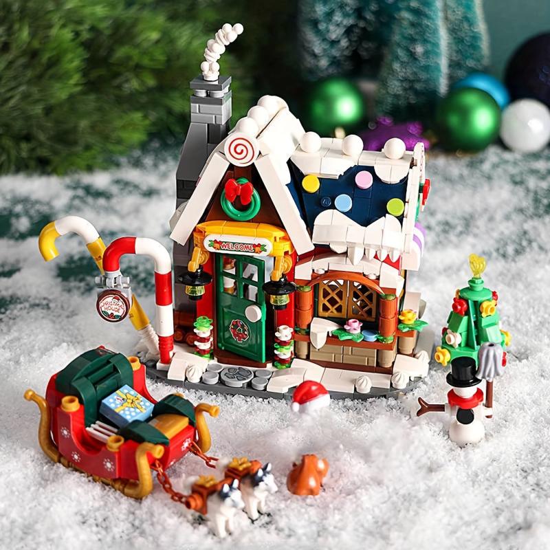 Snowy Christmas House With Santa And Sled Building Blocks