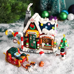 Snowy Christmas House With Santa And Sled Building Blocks