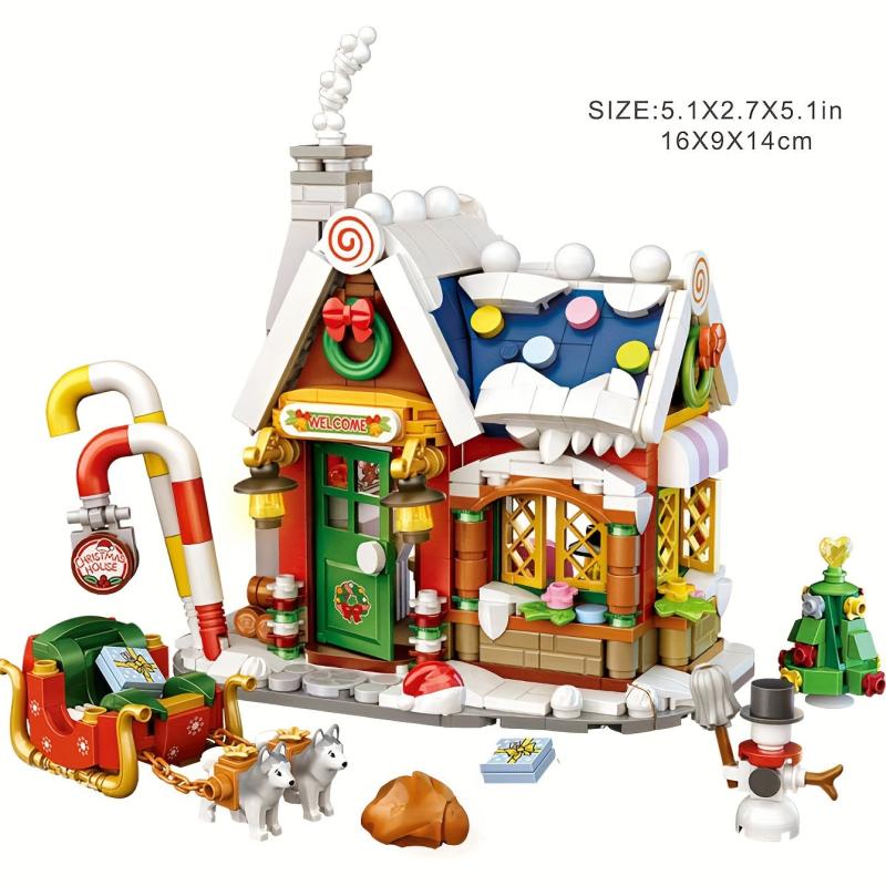 Snowy Christmas House With Santa And Sled Building Blocks