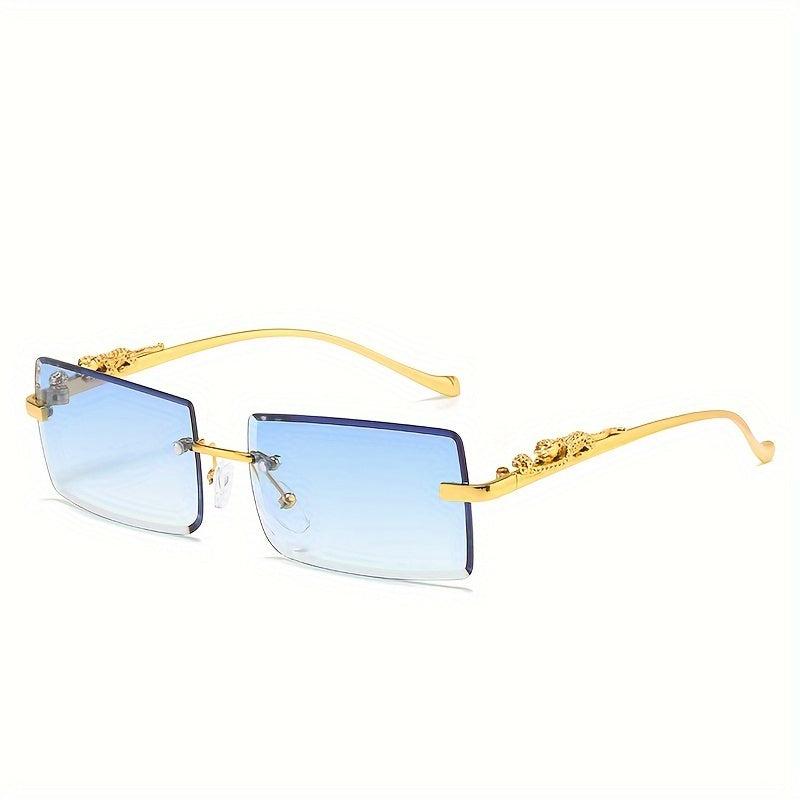 Rimless Faceted Rectangle Lens Sunglasses Golden Leopard Temples Metal Frame