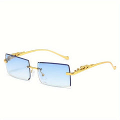 Rimless Faceted Rectangle Lens Sunglasses Golden Leopard Temples Metal Frame