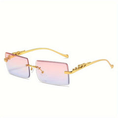 Rimless Faceted Rectangle Lens Sunglasses Golden Leopard Temples Metal Frame