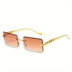 Rimless Faceted Rectangle Lens Sunglasses Golden Leopard Temples Metal Frame