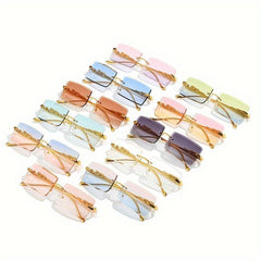 Rimless Faceted Rectangle Lens Sunglasses Golden Leopard Temples Metal Frame