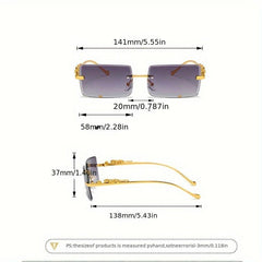 Rimless Faceted Rectangle Lens Sunglasses Golden Leopard Temples Metal Frame