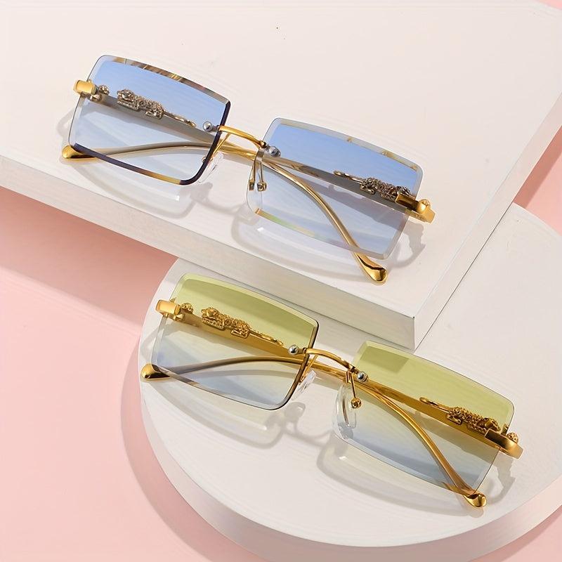 Rimless Faceted Rectangle Lens Sunglasses Golden Leopard Temples Metal Frame