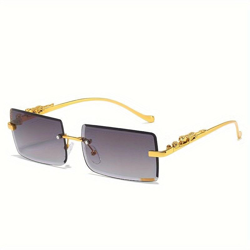 Rimless Faceted Rectangle Lens Sunglasses Golden Leopard Temples Metal Frame