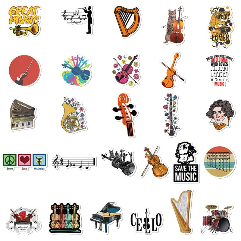 50 Pcs Orchestral Music Stickers Violin Clarinet Luggage Laptop Scrapbook