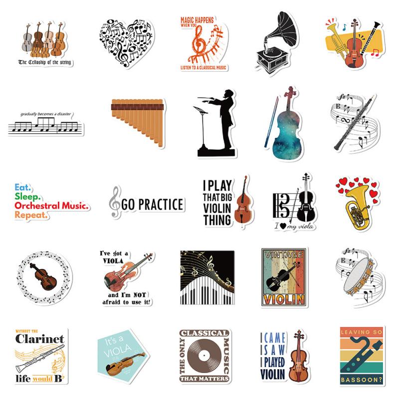 50 Pcs Orchestral Music Stickers Violin Clarinet Luggage Laptop Scrapbook
