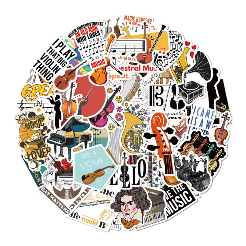 50 Pcs Orchestral Music Stickers Violin Clarinet Luggage Laptop Scrapbook