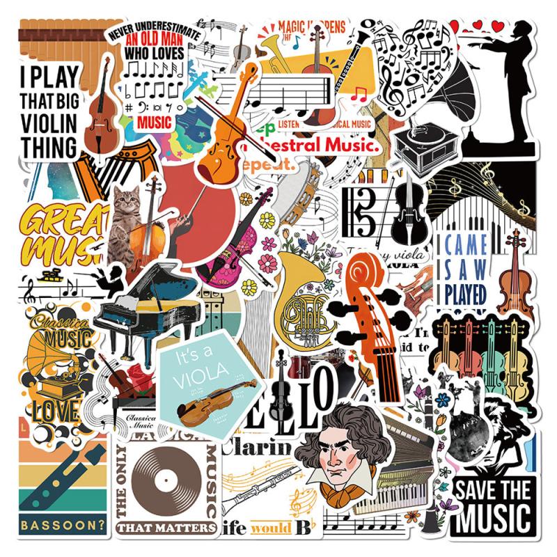 50 Pcs Orchestral Music Stickers Violin Clarinet Luggage Laptop Scrapbook