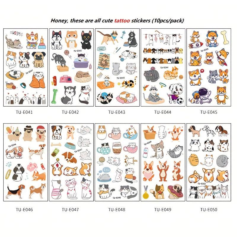 Waterproof Cartoon Cats And Dogs Team Temporary Tattoo Stickers 10pcs Pack