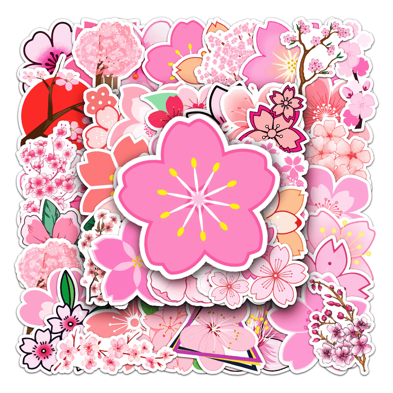 50pcs Sakura Waterproof Doodle Stickers - Decorative Flower Art Decals