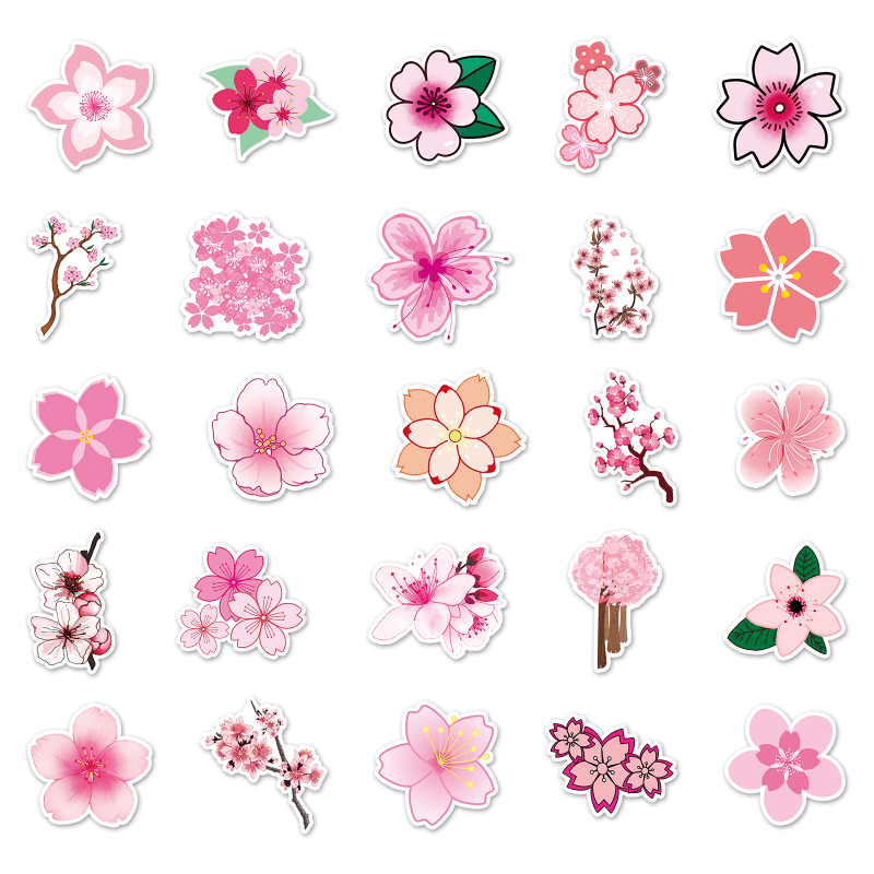 50pcs Sakura Waterproof Doodle Stickers - Decorative Flower Art Decals