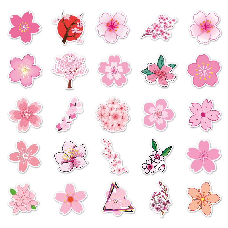 50pcs Sakura Waterproof Doodle Stickers - Decorative Flower Art Decals