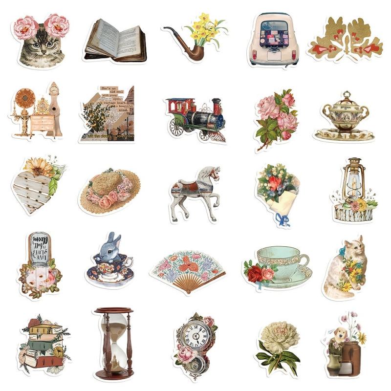 50pcs Vintage Stickers Retro Scrapbooking Stickers Waterproof Vinyl Stickers