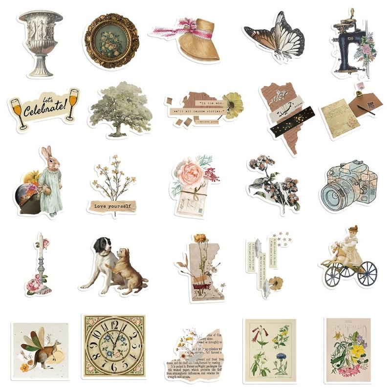50pcs Vintage Stickers Retro Scrapbooking Stickers Waterproof Vinyl Stickers