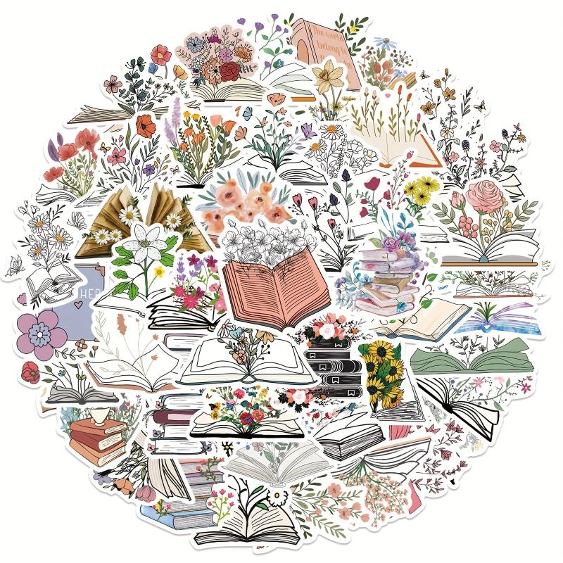 50pcs Book Flowers Vinyl Stickers Laptop Decor Waterproof Cartoon