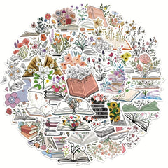 50pcs Book Flowers Vinyl Stickers Laptop Decor Waterproof Cartoon