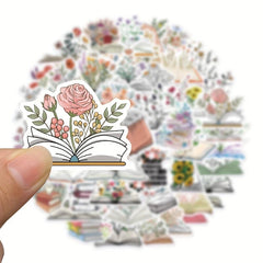 50pcs Book Flowers Vinyl Stickers Laptop Decor Waterproof Cartoon
